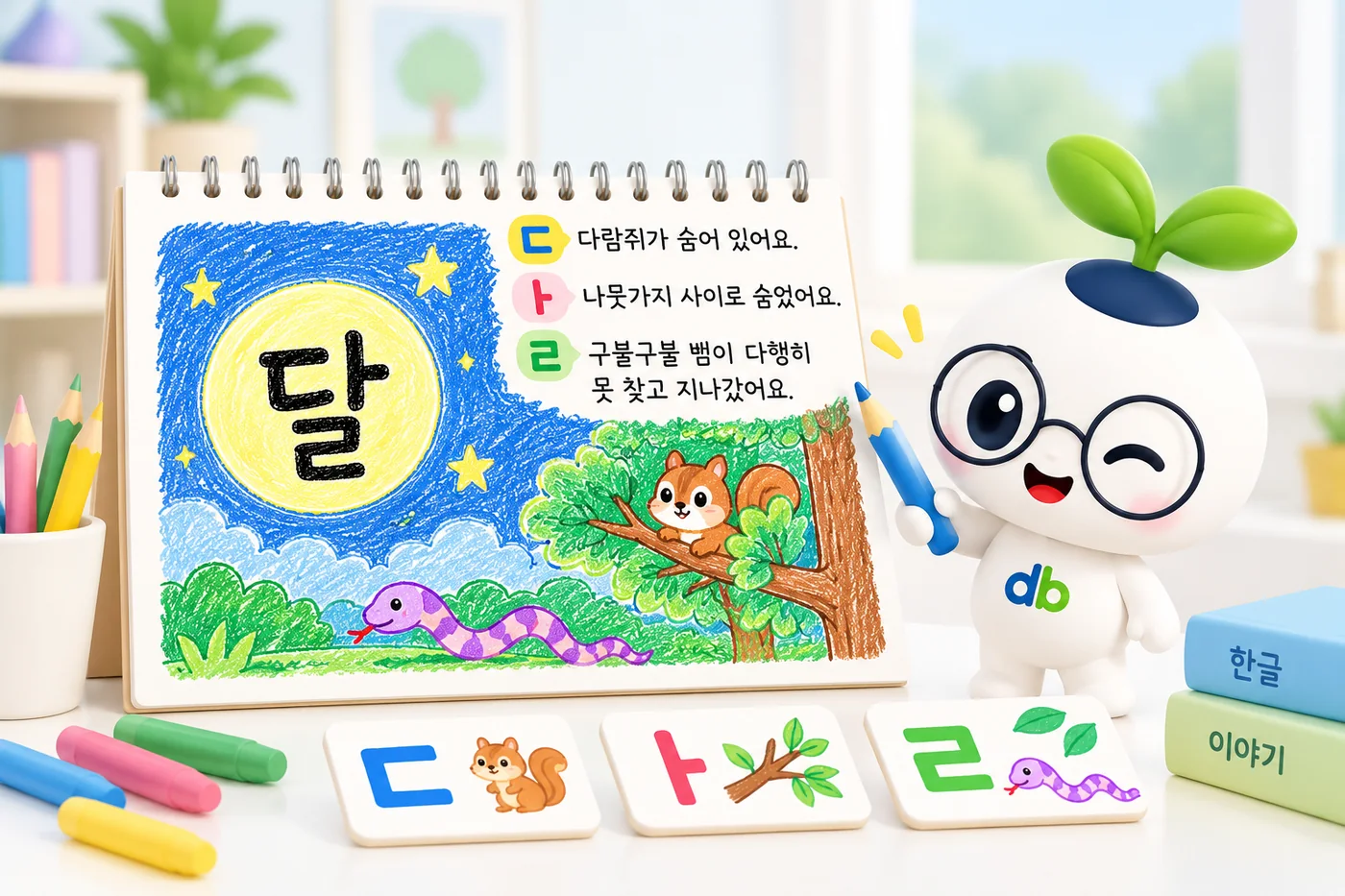 두비전키즈 한글 수업 교구 이미지 — 낱자 카드로 글자를 맞추는 활동