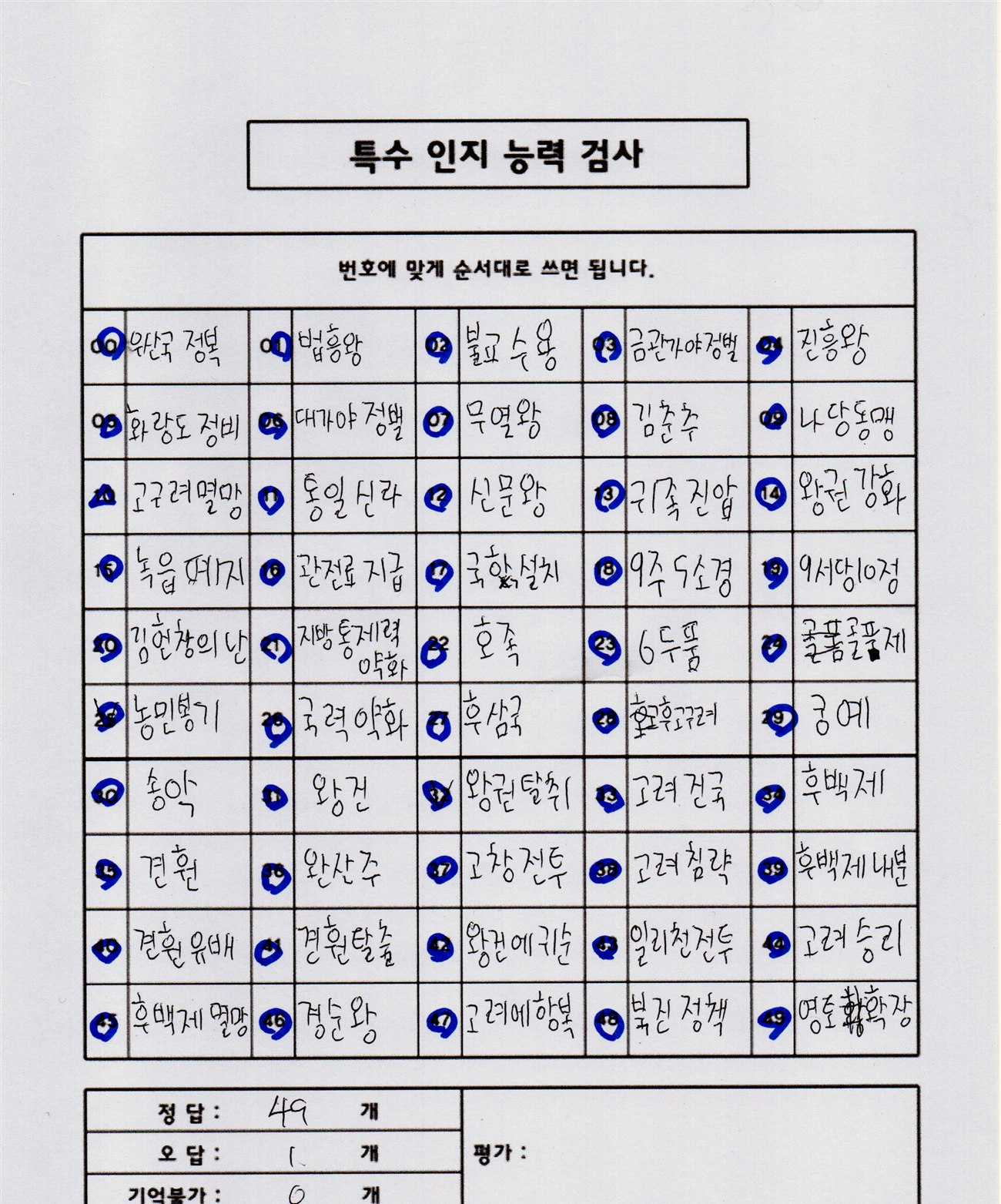 특수 인지능력 검사 결과지